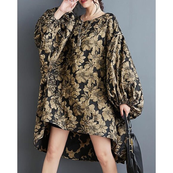 Women's Cotton-Polyester Long Sleeve Crewneck Casual Dress Oversize - Picture 3 of 6